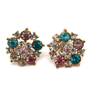 Multi Colored  Rhinestone Earrings Agua Pink Clear Gold Tone